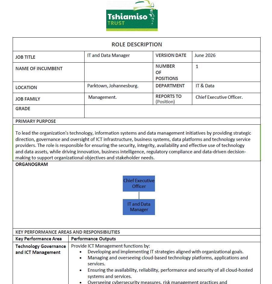 IT and Data Manager Job Description