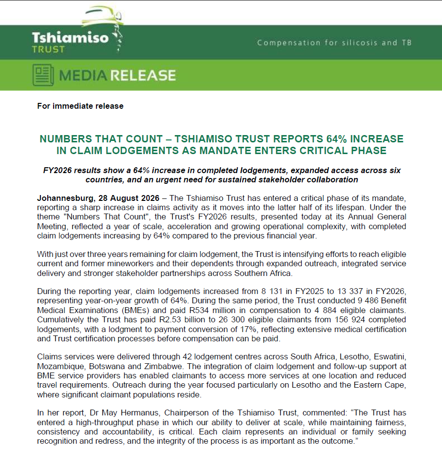 NUMBERS THAT COUNT – TSHIAMISO TRUST REPORTS 64% INCREASE IN CLAIM LODGEMENTS AS MANDATE ENTERS CRITICAL PHASE